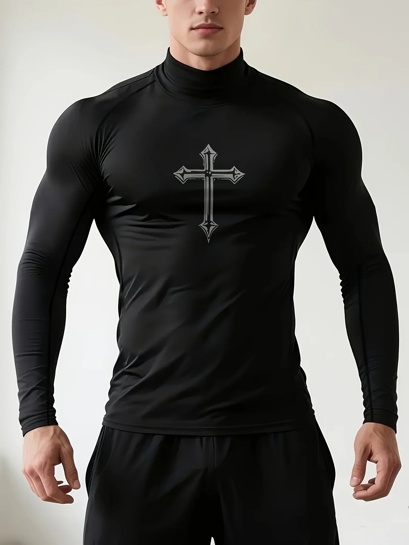 Men's Cross Print High Neck Breathable Training T-Shirt Quick-drying Long Sleeve Fitness Workout Stretch Tight Top S-3XL
