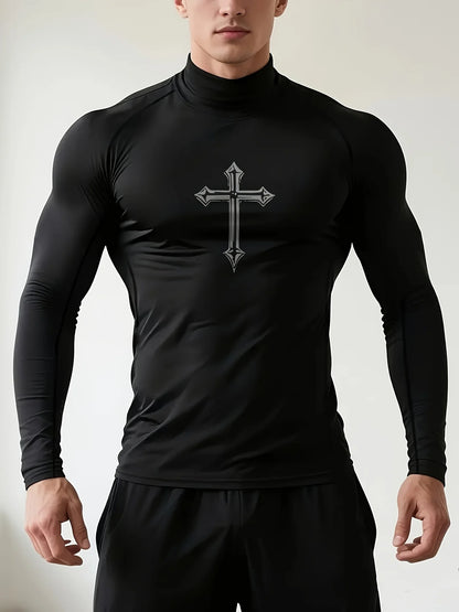 Men's Cross Print High Neck Breathable Training T-Shirt Quick-drying Long Sleeve Fitness Workout Stretch Tight Top S-3XL