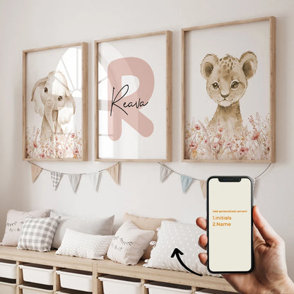 3pcs Personalized Custom Name Cartoon Forest Animals Wall Art Print Picture For Living Room Kids Girl Room Home Decor Gift