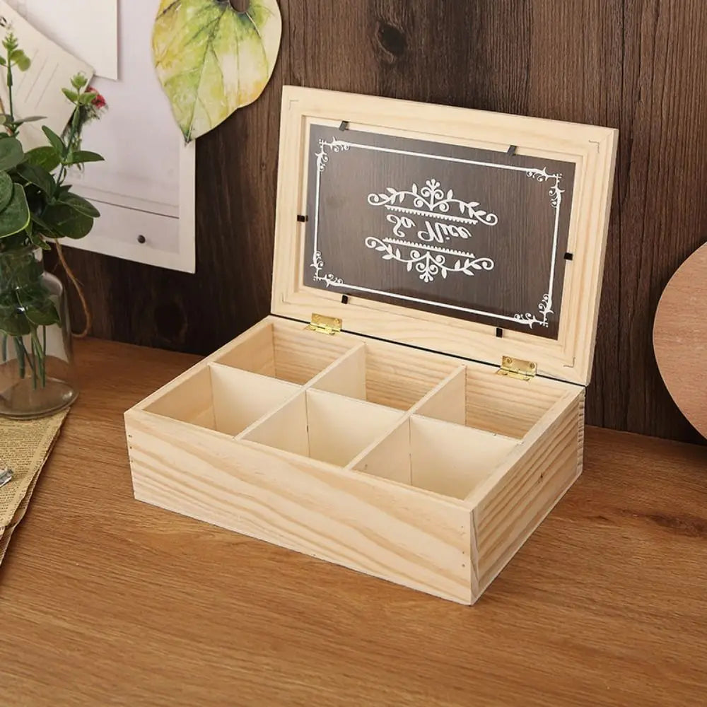 Eco-Friendly 6 Grids Wooden Tea Box Dust-proof with Clear Lid Desktop Organizer Handmade Multifunctional Tea Bag Holder Kitchen