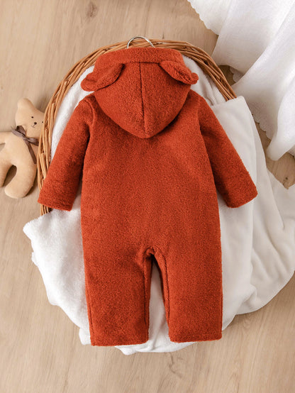 Baby jumpsuit with three-dimensional bear ear hooded design, long sleeved jumpsuit suitable for babies aged 0-12 months