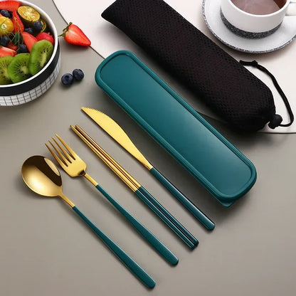 Eco Friendly 304 Dinnerware Set, Portable Cutlery Sets with Case, Kitchen Accessories, Gold Knife Fork Spoon Silverware Sets