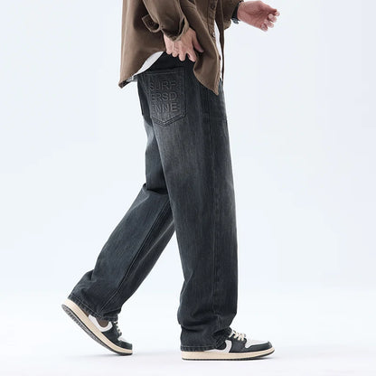 Fashionable Men's Washed Straight Jeans 2025 Autumn New Embroidered Letter Pattern Loose Denim Casual Pants Size 28-40