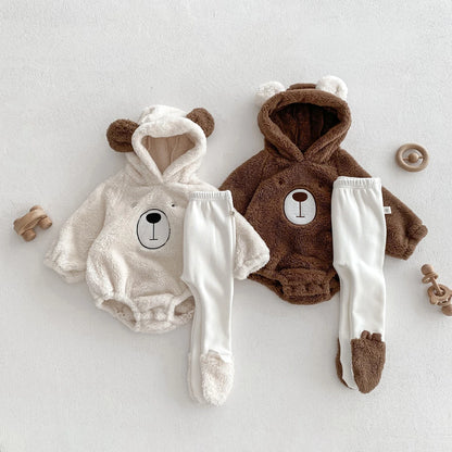 Baby Hooded Romper Bear Ears Cute Plush Baby Clothes Winter 0-2 Years Old Korean version Baby Clothes Baby Romper