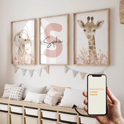 3pcs Personalized Custom Name Cartoon Forest Animals Wall Art Print Picture For Living Room Kids Girl Room Home Decor Gift