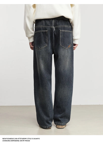 Fashion Men's Casual Thick Jeans 2025 Autumn Winter New Elastic Waist Fleece Lined Washed Loose Straight Leg Casual Long Pants