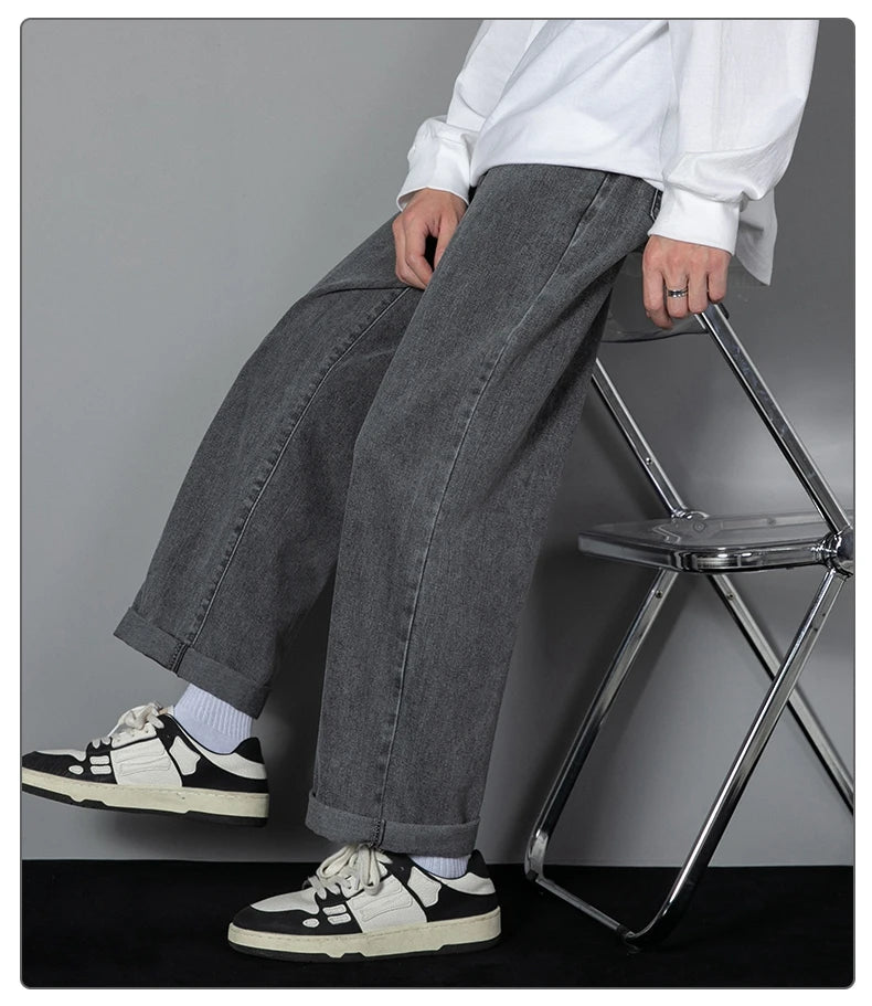 2025 New Korean Men's Casual Long Jeans Classic Man Straight Denim Wide-leg Pants Solid Color Light Blue Grey Black