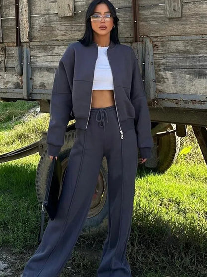 Autumn Outfits For Women 2 Piece Set Solid Color Zipper Loose Jacket + Drawstring Wide-leg Trousers Camping Tenue De Sport Femme