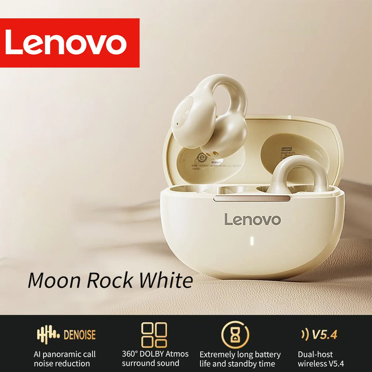 Lenovo Wireless Sport Earbuds Active Noise Cancelling Clip on Comfortable Headphones with Long Battery Life Hi-Fi Sound Bt 5.4