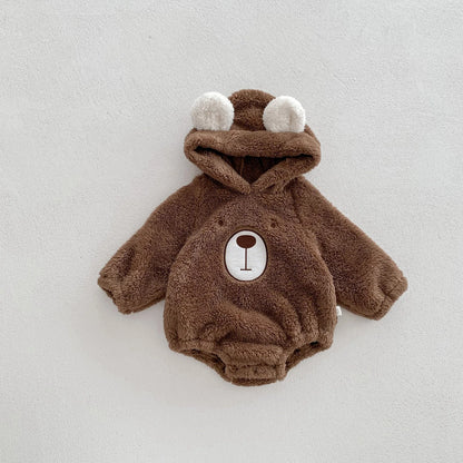 Baby Hooded Romper Bear Ears Cute Plush Baby Clothes Winter 0-2 Years Old Korean version Baby Clothes Baby Romper