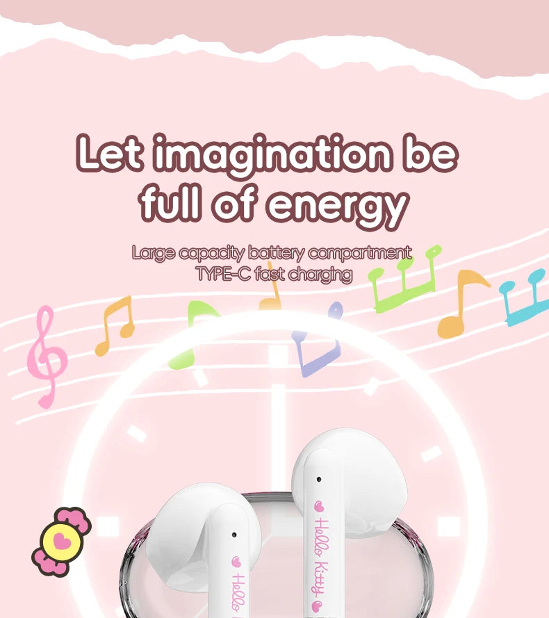 EBL19 Tws Wireless Bluetooth Headset Transparent Case Cute Hello Kitty Design Stereo Sound Earphones for All Smartphones
