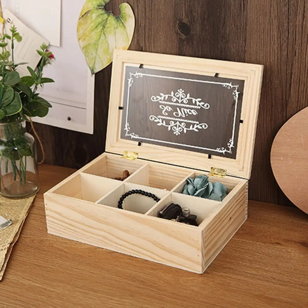Eco-Friendly 6 Grids Wooden Tea Box Dust-proof with Clear Lid Desktop Organizer Handmade Multifunctional Tea Bag Holder Kitchen