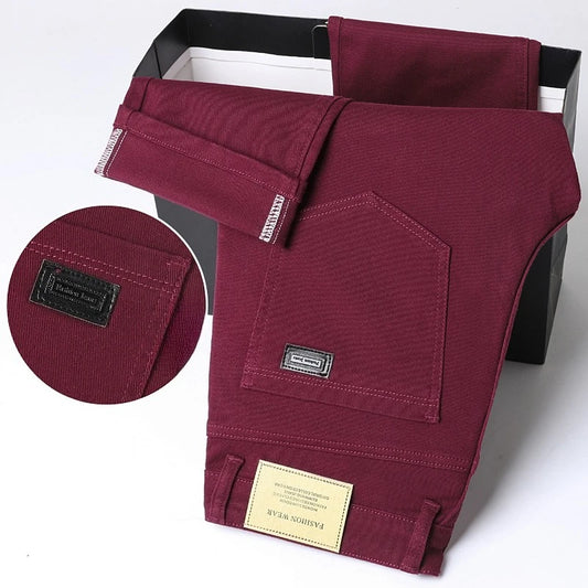 Wine Red Jeans Men Fashion Casual Classic Style Business Straight Slim Fit Trousers Male Advanced Pants 6 Colors Plus Size 28-44