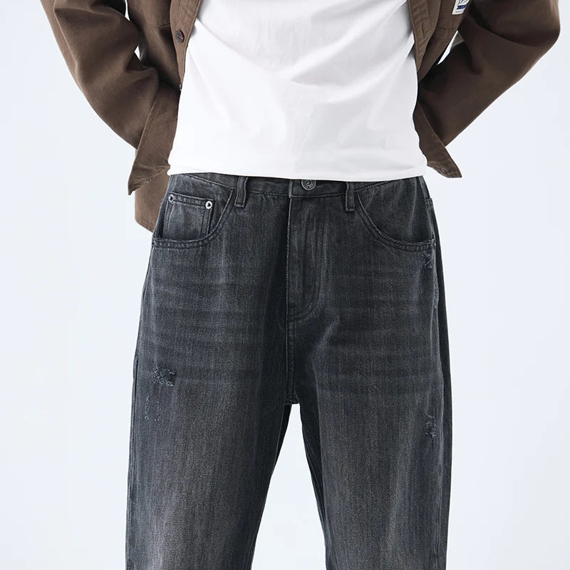 Fashionable Men's Washed Straight Jeans 2025 Autumn New Embroidered Letter Pattern Loose Denim Casual Pants Size 28-40