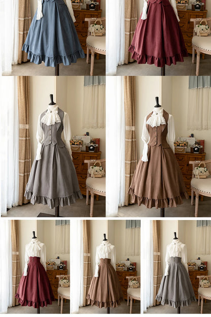 Autumn Winter Clothing Set Ladies Elegant Long Sleeve White Shirt Blouses Retro Vest with Fishbone Skirt Lolita 3 Piece Outfits