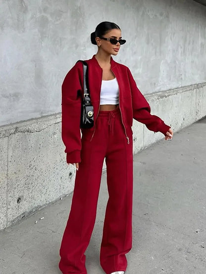 Autumn Outfits For Women 2 Piece Set Solid Color Zipper Loose Jacket + Drawstring Wide-leg Trousers Camping Tenue De Sport Femme