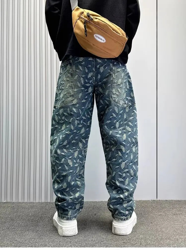 Jacquard Full Print Men's Jeans Retro Straight Loose Trend High Street Scimitar Long Pants 2025 Spring And Summer New