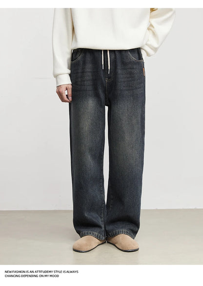 Fashion Men's Casual Thick Jeans 2025 Autumn Winter New Elastic Waist Fleece Lined Washed Loose Straight Leg Casual Long Pants