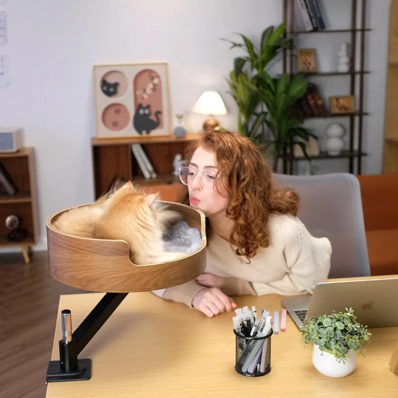 Modern Eco-Friendly Solid Wood Office Desktop Cat Nest 360 Rotating Pet Bed Floating Climbing Frame Cat Basin Petting Area