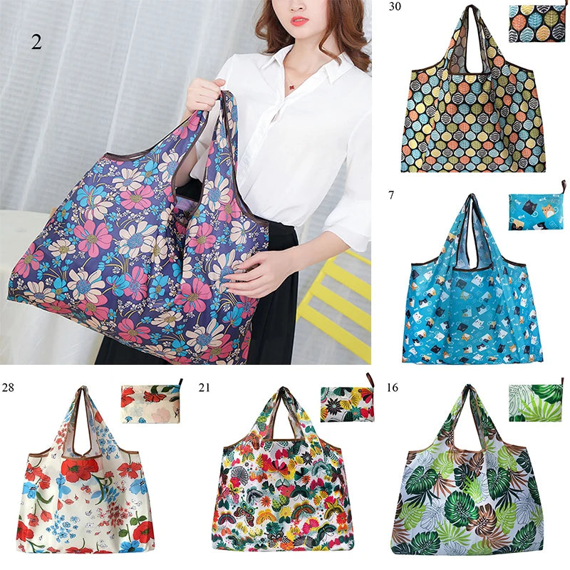 Eco-Friendly Printing Foldable Shopping Bag Tote Folding Pouch Handbags Convenient Large-capacity Thick For Travel Grocery Bag