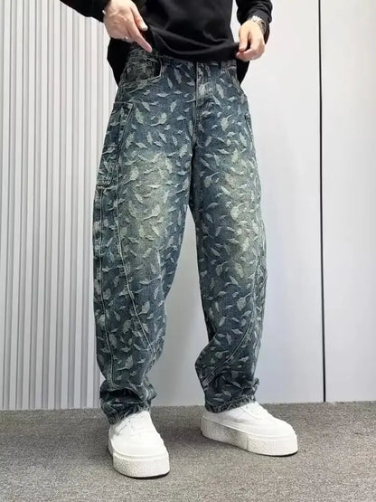Jacquard Full Print Men's Jeans Retro Straight Loose Trend High Street Scimitar Long Pants 2025 Spring And Summer New