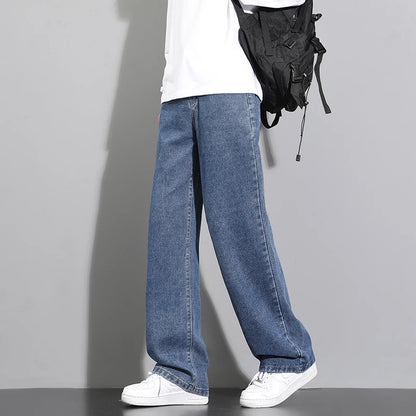 2025 New Korean Men's Casual Long Jeans Classic Man Straight Denim Wide-leg Pants Solid Color Light Blue Grey Black