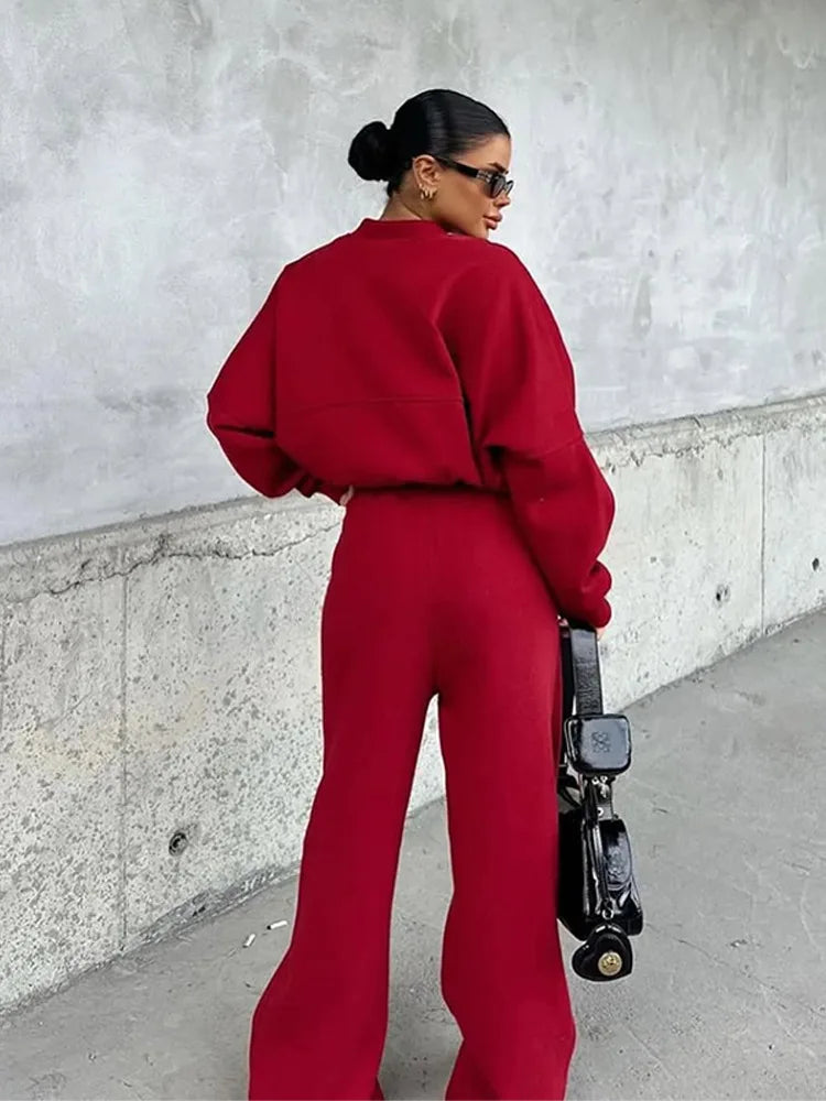 Autumn Outfits For Women 2 Piece Set Solid Color Zipper Loose Jacket + Drawstring Wide-leg Trousers Camping Tenue De Sport Femme