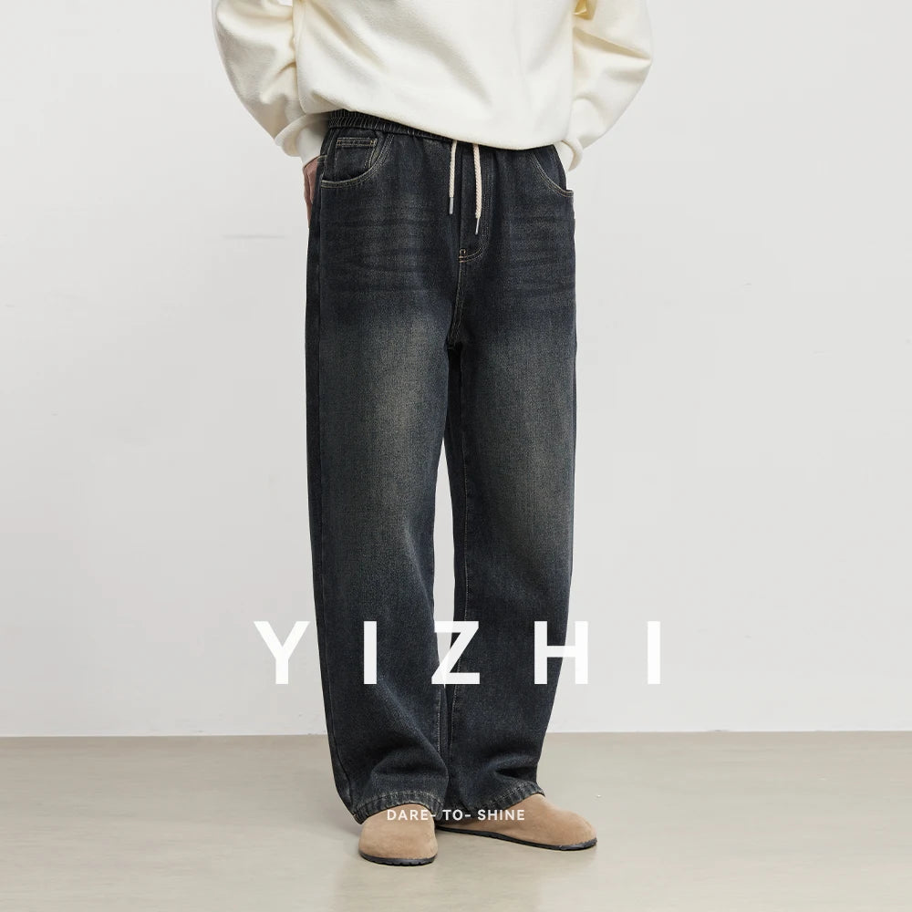 Fashion Men's Casual Thick Jeans 2025 Autumn Winter New Elastic Waist Fleece Lined Washed Loose Straight Leg Casual Long Pants