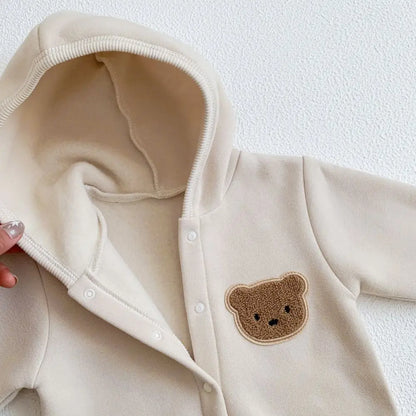 2023 Winter Warm Newborn Baby Clothes Boys Cotton Babies Romper Cartoon Bear Long Sleeve Hooded Girl Bodysuit for 0-24M Clothing