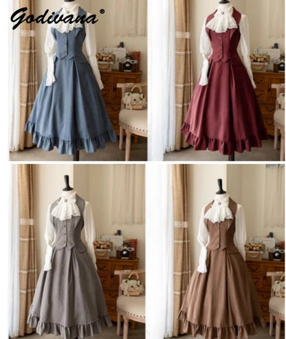 Autumn Winter Clothing Set Ladies Elegant Long Sleeve White Shirt Blouses Retro Vest with Fishbone Skirt Lolita 3 Piece Outfits