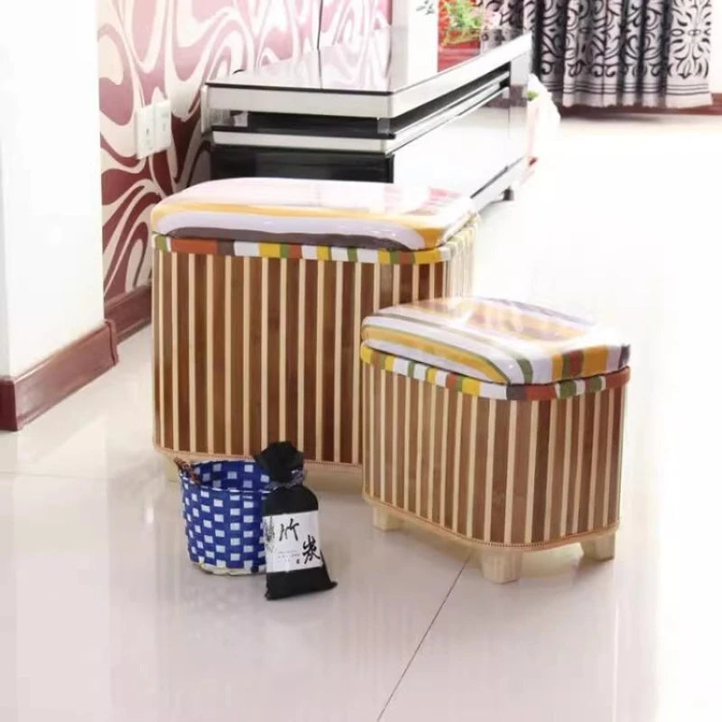 Eco-Friendly Bamboo Woven Storage Stool Wooden Multi-Functional Organizer Box Sofa Bench for Hallway Balcony Shoe Footrest
