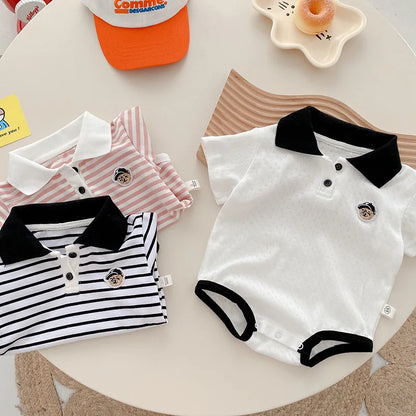 Baby Striped Hoodie for Boys Aged 0-2 in Summer, Stylish Teddy Bear Jumpsuit for Newborns, Trendy Fart Bag Outfit