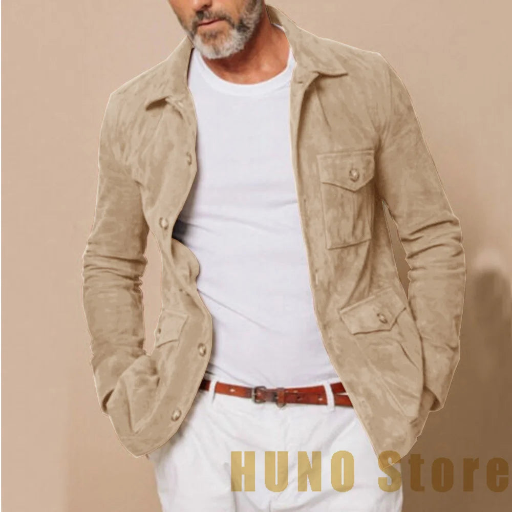 Vintage Brown Suede Men's Suit Hunting Jacket Single Breasted Slim Fashion Design Casual Outdoor Jacket Lapel