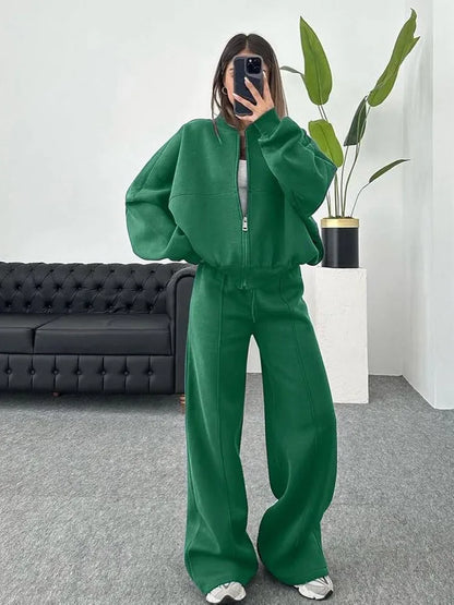 Autumn Outfits For Women 2 Piece Set Solid Color Zipper Loose Jacket + Drawstring Wide-leg Trousers Camping Tenue De Sport Femme