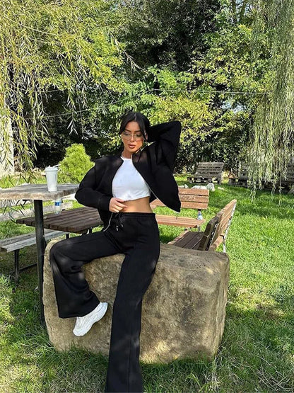 Autumn Outfits For Women 2 Piece Set Solid Color Zipper Loose Jacket + Drawstring Wide-leg Trousers Camping Tenue De Sport Femme