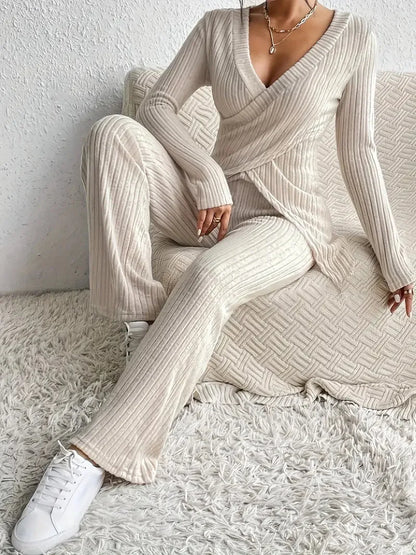 Women's Casual Solid Sets Outfits Fashion Long Sleeve V Neck Slim Tops+High Waist Pants 2 Pieces Set For Woman Autumn Winter New