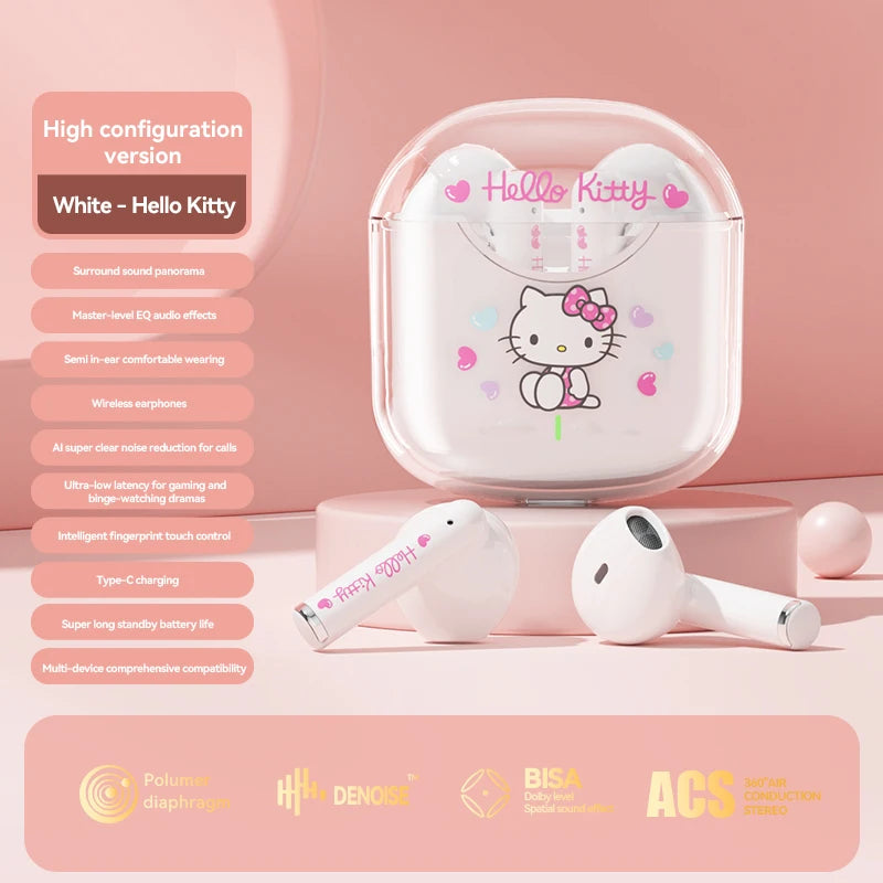 EBL19 Tws Wireless Bluetooth Headset Transparent Case Cute Hello Kitty Design Stereo Sound Earphones for All Smartphones