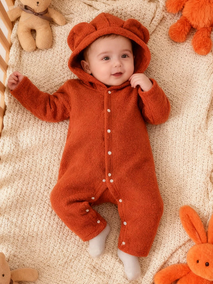 Baby jumpsuit with three-dimensional bear ear hooded design, long sleeved jumpsuit suitable for babies aged 0-12 months