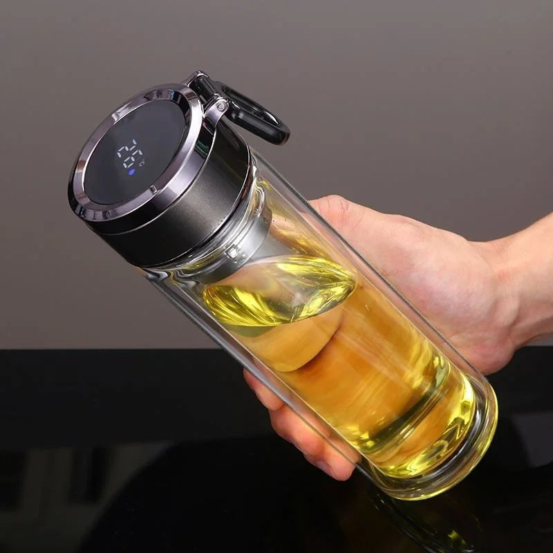 Smart Double Wall Glass Water Bottle With Filter Touch Display Stainless Steel Strainer Clear Drinking Tea Bottle With Handle