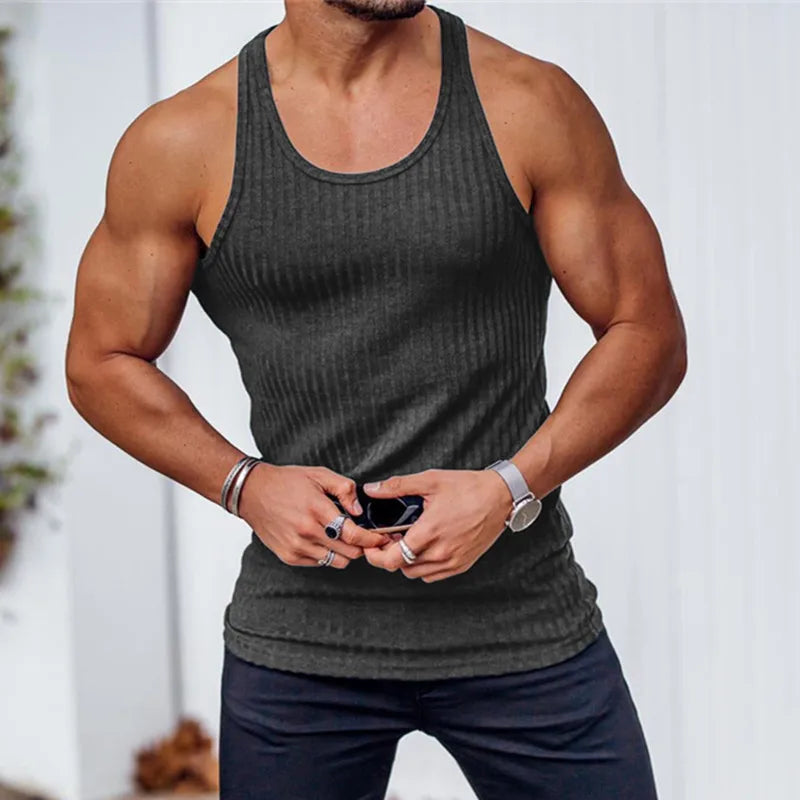 Men's Summer O-neck loose stripe gym Tank top Men Fitness sleeveless pullover Sports Undershirt Elasticity casual vest men tops