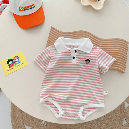 Baby Striped Hoodie for Boys Aged 0-2 in Summer, Stylish Teddy Bear Jumpsuit for Newborns, Trendy Fart Bag Outfit
