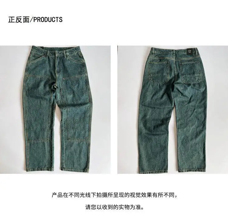 Embossed Trendy Workwear Jeans Men's Loose Straight Leg Retro Washed Trendy Casual Pants