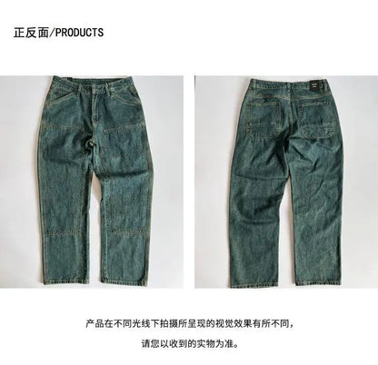 Embossed Trendy Workwear Jeans Men's Loose Straight Leg Retro Washed Trendy Casual Pants