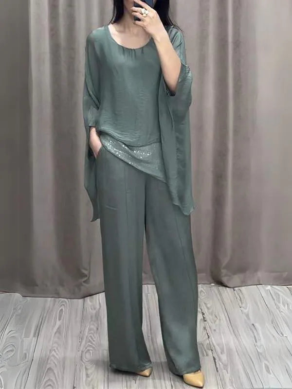 Fashion 2 Piece Set Party Outfits New Spring Summer Elegant Women's Suit Casual Bat Wing Sleeve Blouse Top With Wide Leg Pants