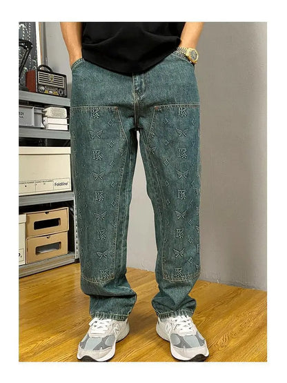 Embossed Trendy Workwear Jeans Men's Loose Straight Leg Retro Washed Trendy Casual Pants