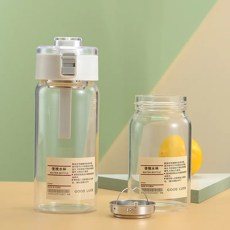 Simple Glass Water Bottle with Tea Spaced, Portable, Heat Resistant, Transparent, Summer Tumbler, Small, 350ml, 550ml