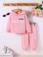 2-Piece Set for Baby Girls, Simple and Comfortable Spring and Autumn Style, Baby Girl's Hoodie with English Letter Print, Long-Sleeve Ribbed Sweatshirt + Elastic Waist Jogger Pants, Infant Fashion Trendy Stylish Clothing