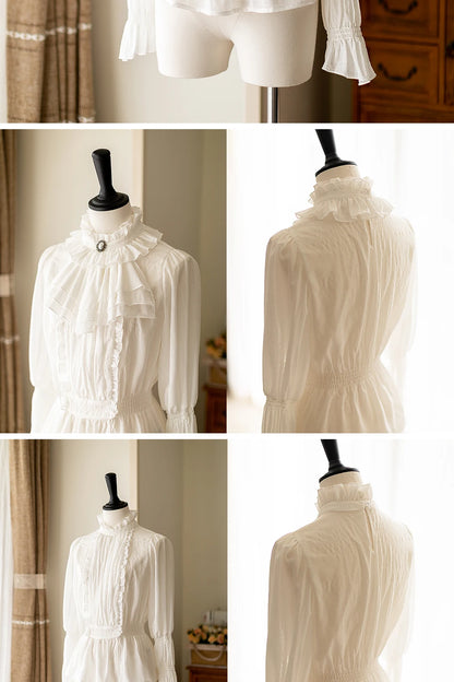 Autumn Winter Clothing Set Ladies Elegant Long Sleeve White Shirt Blouses Retro Vest with Fishbone Skirt Lolita 3 Piece Outfits