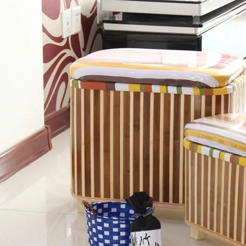 Eco-Friendly Bamboo Woven Storage Stool Wooden Multi-Functional Organizer Box Sofa Bench for Hallway Balcony Shoe Footrest