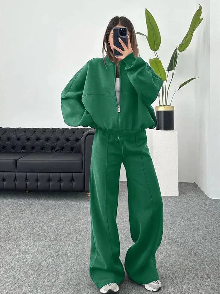 Autumn Outfits For Women 2 Piece Set Solid Color Zipper Loose Jacket + Drawstring Wide-leg Trousers Camping Tenue De Sport Femme